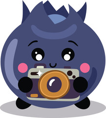 Funny blueberry character mascot with a camera