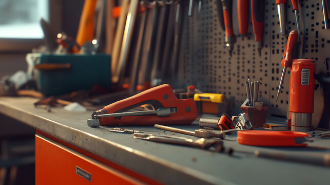 Workbench with Various Tools in a Workshop