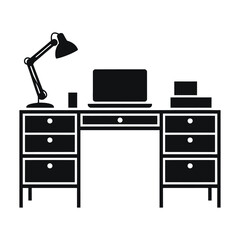 A simple, black and white vector graphic of a modern desk with a lamp, laptop, and storage drawers.