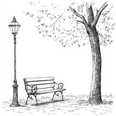 Bench in park near tree and lantern. One line drawing -