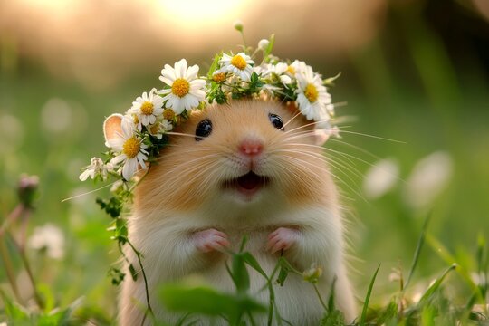 Golden hour in sunset. Cute baby animal hamster wearing fierce flower wreath on its head. Summer happiness. Natureâ€™s grace in wildlife. Animal in a field of wildflowers.