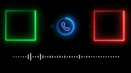 Neon call recording visual effect with audio spectrum animation on alpha background, green and red glowing squares with phone icon for two-person conversation, audio waveform, 4k