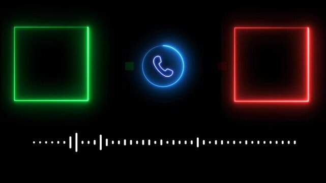 Neon call recording visual effect with audio spectrum animation on alpha background, green and red glowing squares with phone icon for two-person conversation, audio waveform, 4k
