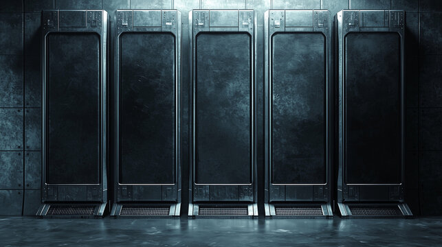 Futuristic sci fi cryogenic pods in a dark metallic chamber with cold lighting and industrial design elements.