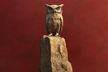Detailed sculpture of an owl perched atop a weathered rock formation.