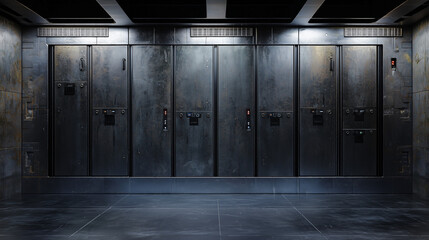 Futuristic industrial server room with metallic walls, dark panels, and ambient lighting in a sci-fi environment.