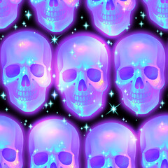 Seamless raster pattern. Bright skulls strewn with shiny stars on a black background.