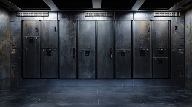 Futuristic industrial server room with metallic walls, dark panels, and ambient lighting in a sci-fi environment.