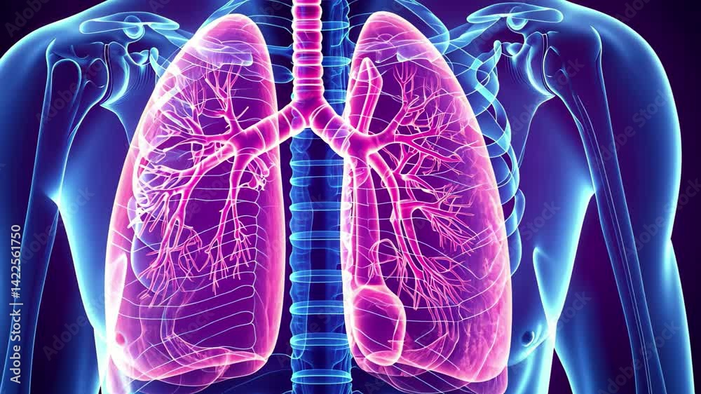 Poster human respiratory system anatomy visualized in detailed 4k representation showcasing lungs and bronc