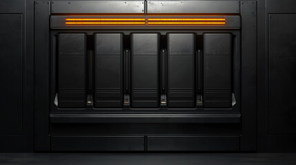 Futuristic black industrial server panel with orange LED lights in a sci fi setting, clean and symmetrical design.