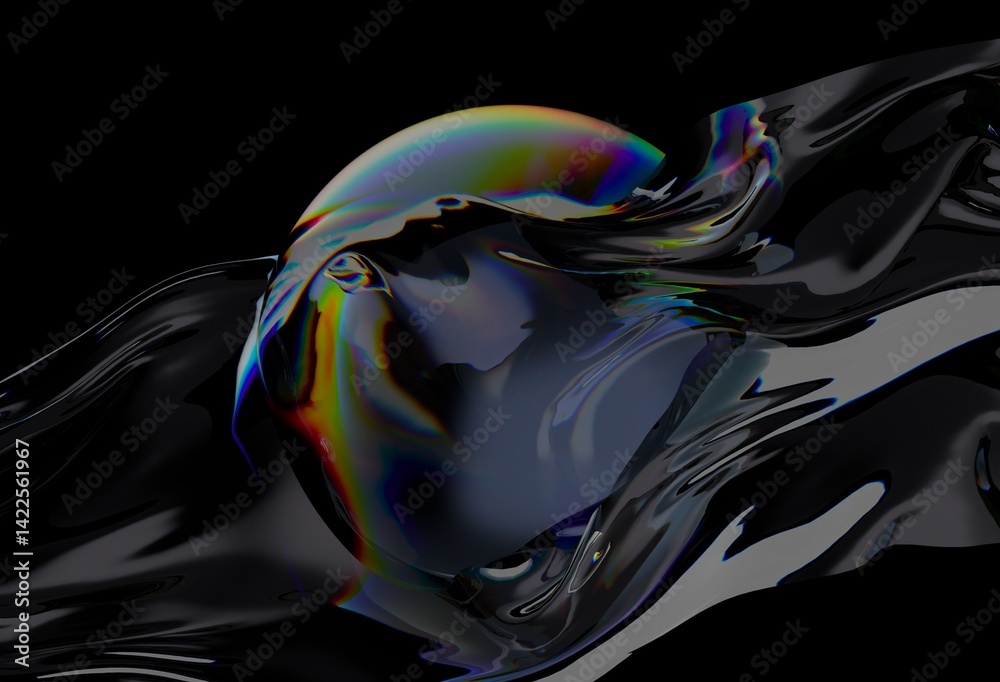 Poster futuristic 3d illustration featuring a reflective, glossy black fluid with a colorful iridescent sph