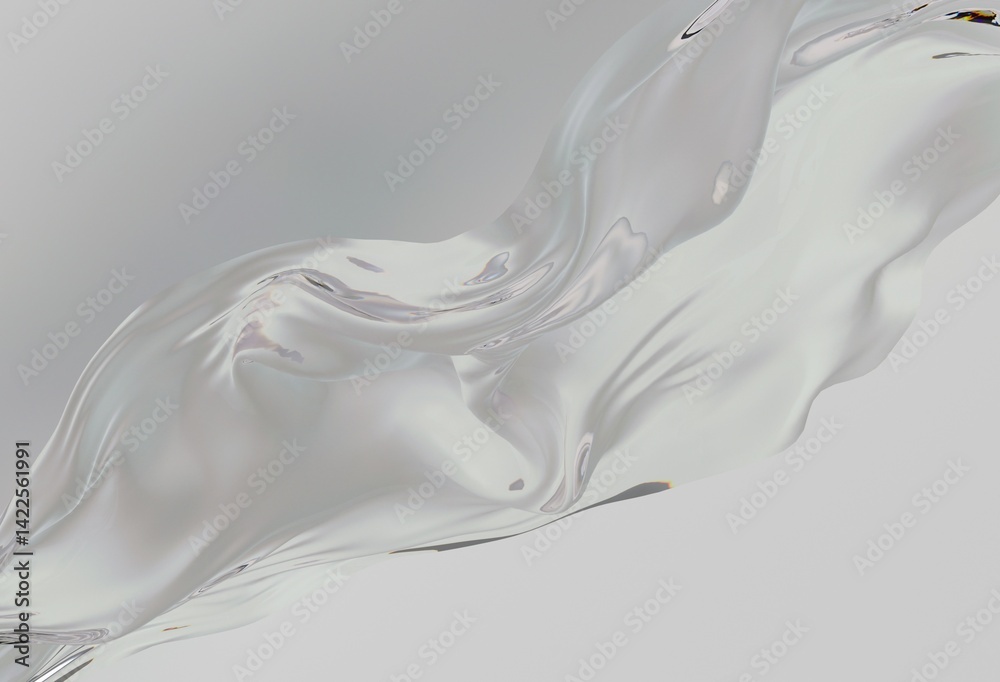Poster smooth 3d illustration of a flowing, translucent wave resembling liquid or glass on a light gray bac