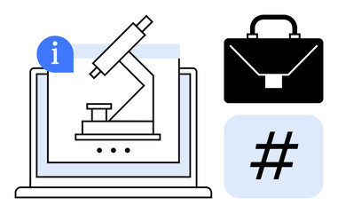 Microscope on laptop screen, blue metadata tag, black briefcase symbolizing research, technology, and connectivity. Ideal for education, business strategies, digital marketing, science innovation
