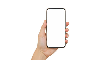 Hand holding phone mockup blank screen smartphone device technology on transparent background