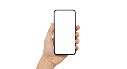 Hand holding phone mockup blank screen smartphone device technology on transparent background