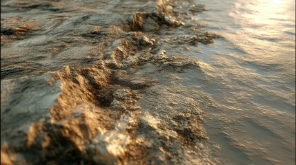 Waves Crashing on Rocky Shoreline at Sunset with Glistening Surface