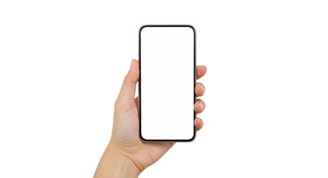 Hand holding phone mockup blank screen smartphone device technology on transparent background