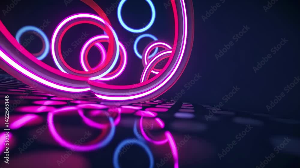 Poster Dynamic neon lights and glowing circles create a mesmerizing visual experience in a futuristic space