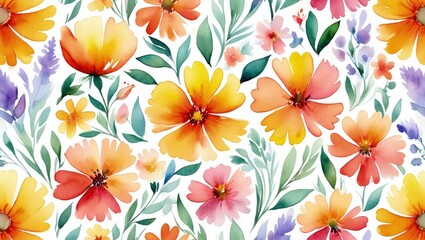 Seamless pattern of autumn wildflowers painted in watercolor. Hand-painted watercolor floral wallpaper.