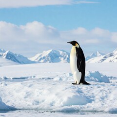 Fototapeta premium A regal Emperor penguin poses proudly on a frozen ice floe in Antarctica, set against breathtaking icy scenery beneath a bright blue sky. Ideal for wildlife and nature concepts.