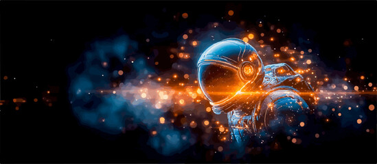 Astronaut is wearing spacesuit and exploring deep space with glowing lights and particles