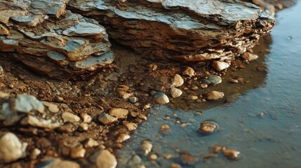 Obraz premium Tranquil Waters Edge with Rocks and Pebbles Ground Level View