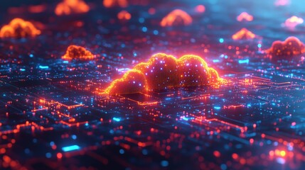 A vibrant digital landscape showcasing glowing clouds above a futuristic cityscape at night
