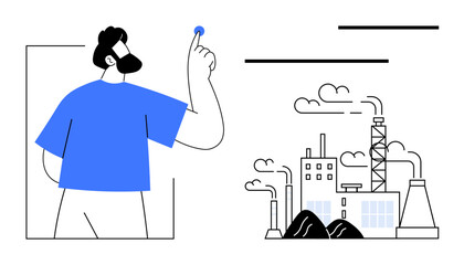Person interacting with button, factory emitting smoke under clouds. Ideal for technology, environment, industry, carbon control, manufacturing, energy innovation. Flat simple metaphor