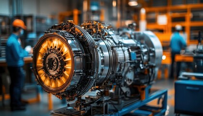 Fototapeta premium A wideangle shot of engineers conducting a performance test on an engine in a lab, Mechanical Engineering, Advanced and technical