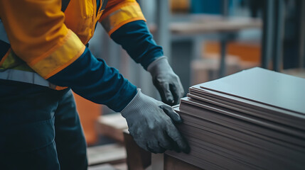 Worker Handling Sheets in Industrial Setting