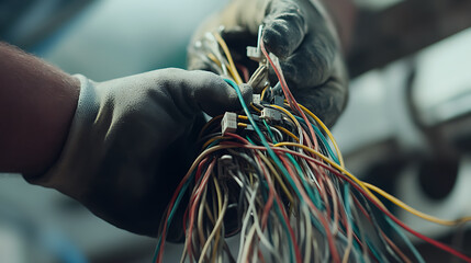 Hands in Gloves Handling Multicolored Wires