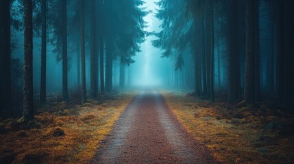 Naklejka premium Autumn Forest Path Shrouded in Blue Mist
