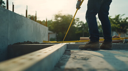 Construction Worker Measuring Foundation