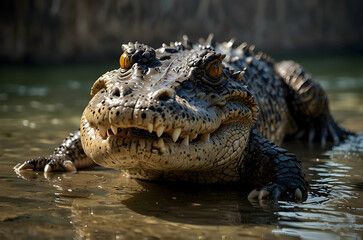 Obraz premium Saltwater Crocodile Face Close-up with Intense Yellow Eyes and Sharp Teeth