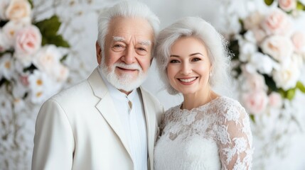 Smiling elderly couple posing together, celebrating their wedding anniversary with flowers.