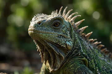Fototapeta premium Close-up of Green Iguana with Textured Skin and Sharp Eyes