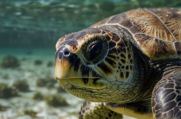 Fototapeta premium Close-up of Green Sea Turtle with Smooth Olive-Green Shell