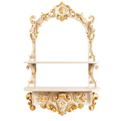 Elegant Wall-Mounted Decor: A detailed, ornate wall-mounted shelf with gold accents showcases intricate carvings, offering a touch of historical charm and functional design.