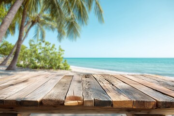 Tropical Beach Scene with Wooden Tabletop and Palm Trees