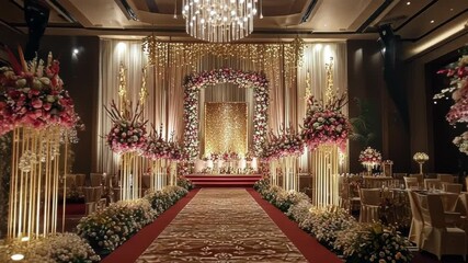 A lavish wedding venue adorned with floral arrangements and elegant lighting.