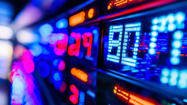 Countdown Timer Display with Bright LED Lights in Blurred Background - Powered by Adobe
