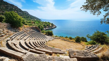A traditional Greek amphitheater overlooking the Aegean Sea --ar 16:9 --v 6.1 Job ID: ec3b0690-701d-4d4a-a9d9-6100108b818e