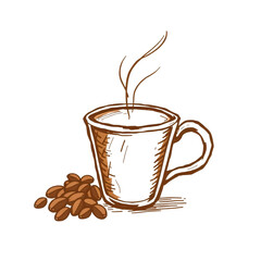 Warm Brew: An inviting sketch of a steaming cup of coffee, accompanied by a cluster of roasted coffee beans, offers a comforting glimpse of the start of the day.