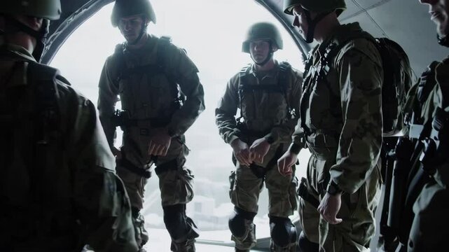 Soldiers preparing to parachute from an aircraft
