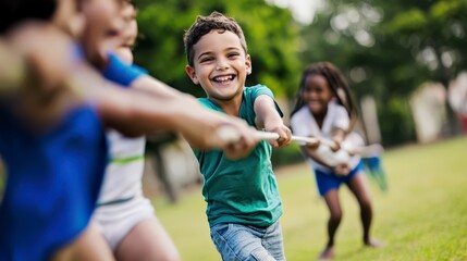 Obraz premium Kids Enjoying Tug of War at Community Sports Event in Bright Daylight