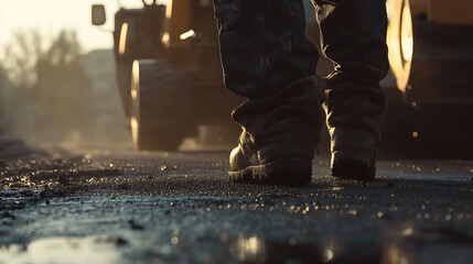 Construction Worker Walking on Fresh Asphalt