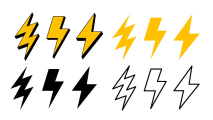 Obraz premium Lightning Bolt Icons in Multiple Styles Yellow, Black, and White Vector Set for Energy, Power, and Electricity Concepts