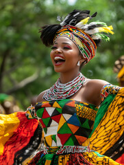 Smiling african woman dancing in traditional colorful costume