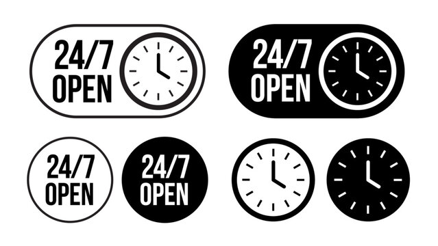 24/7 Open Clock Icons in Black and White with Round Watch Symbols  Vector Set for Business Hours and Time Availability
