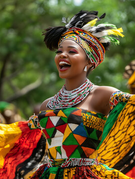 Smiling african woman dancing in traditional colorful costume